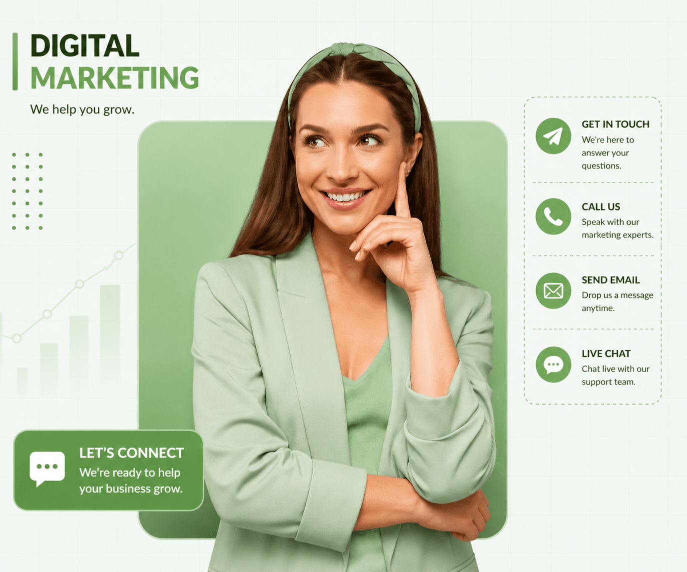 hm marketing studio Pink-themed digital marketing contact page hero image featuring a smiling professional woman with UI elements for communication, customer support, and business growth