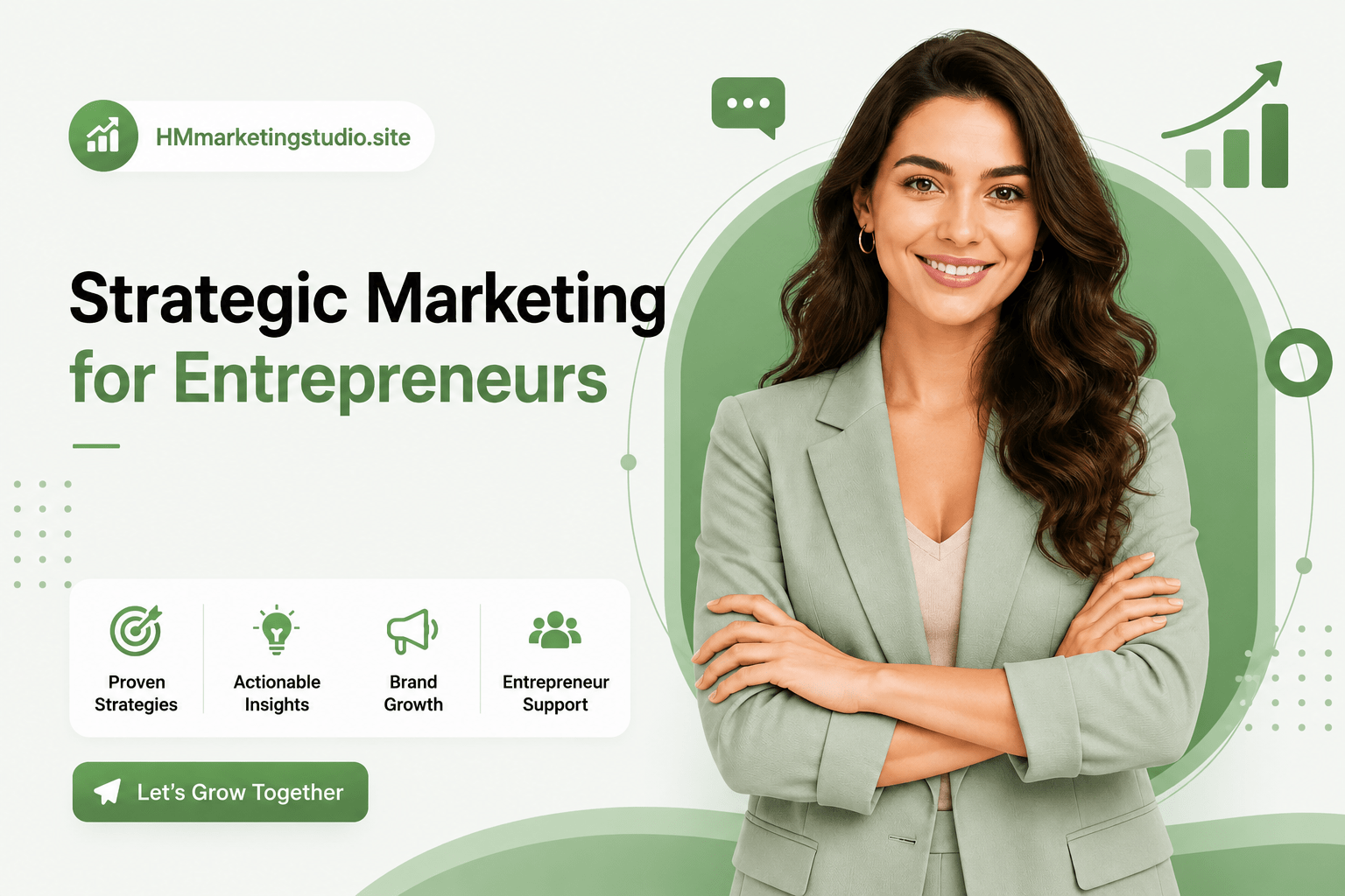 hm marketing studio Pink-themed digital marketing contact page hero image featuring a smiling professional woman with UI elements for communication, customer support, and business growth