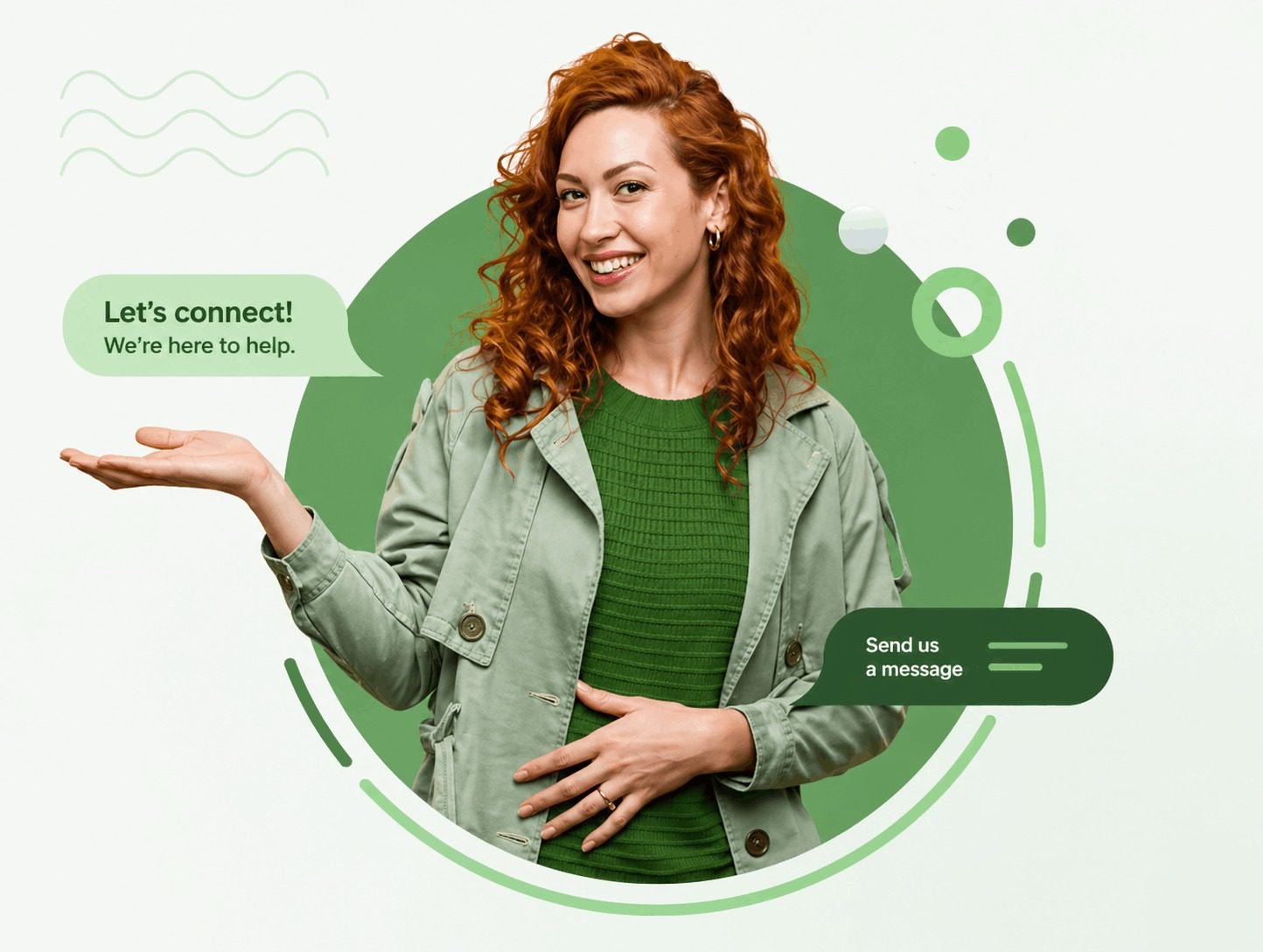 Smiling woman in Green outfit with modern UI elements inviting users to connect, representing HM Marketing Studio contact page