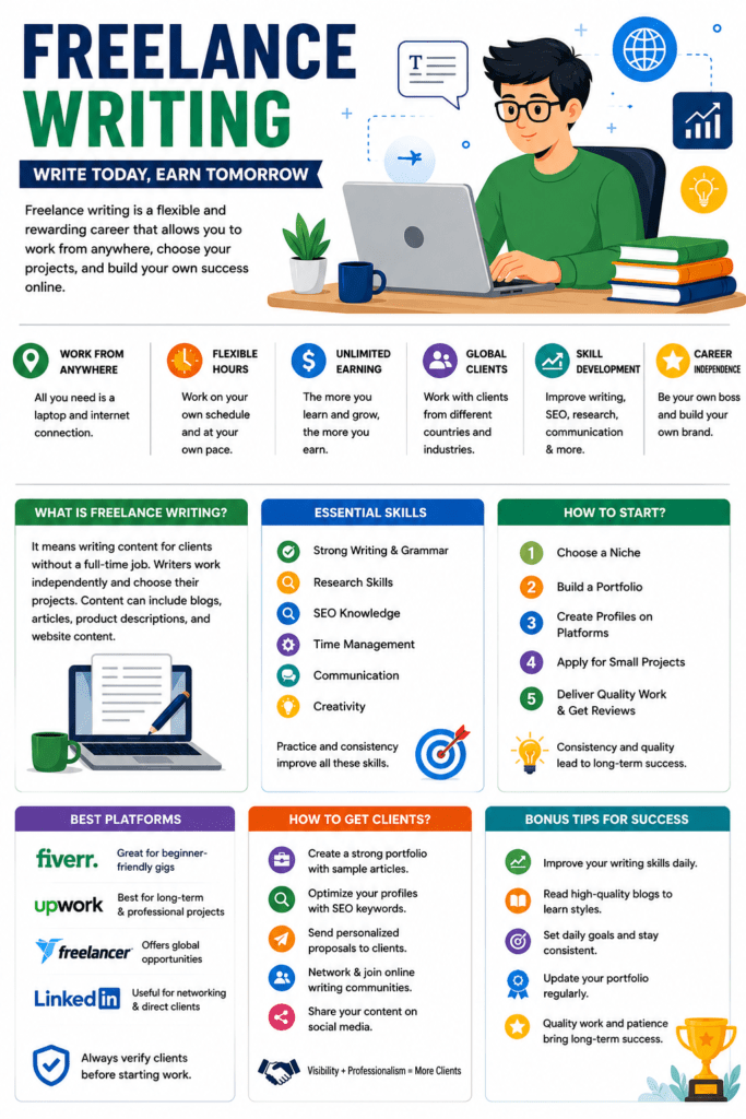 How to Become a Freelance Writer: Step-by-Step Guide for Beginners Beginner freelance writing infographic covering freelance writing basics, writing and SEO skills, portfolio creation, freelancing platforms, networking, and client acquisition strategies.
