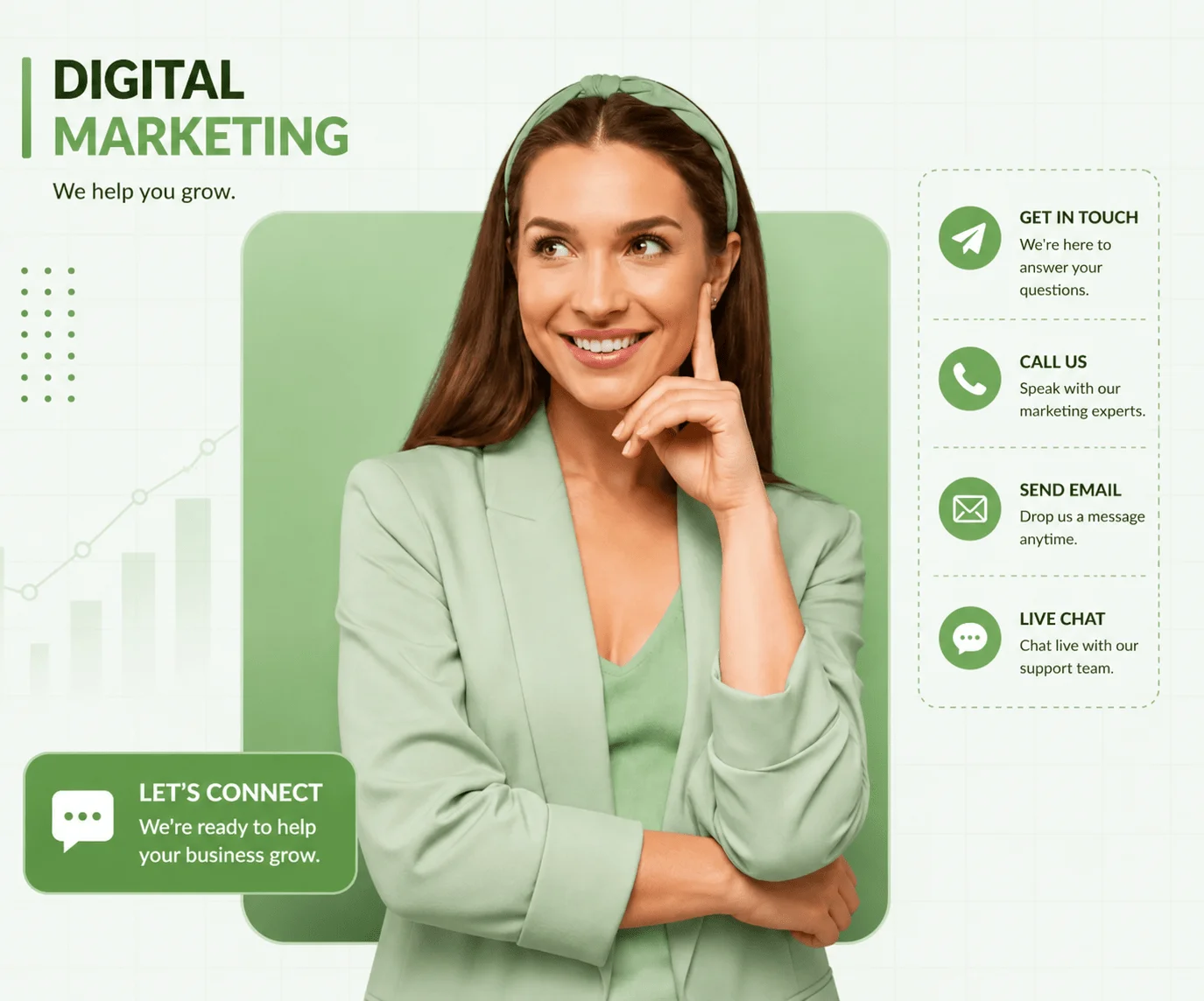 hm marketing studio Pink-themed digital marketing contact page hero image featuring a smiling professional woman with UI elements for communication, customer support, and business growth