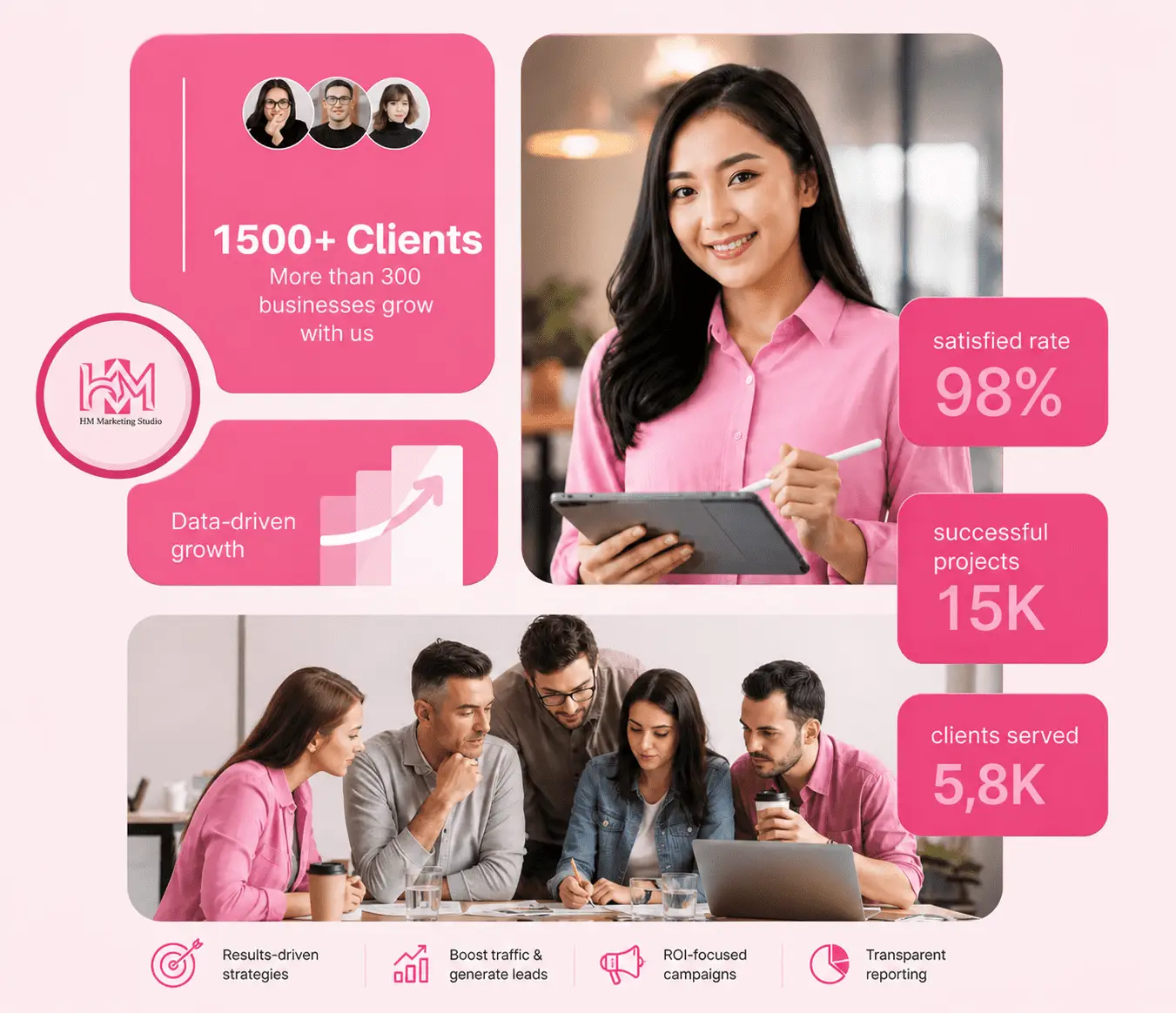 Pink digital marketing infographic showing client growth statistics, satisfied rate, successful projects, and team collaboration for HM Marketing Studio